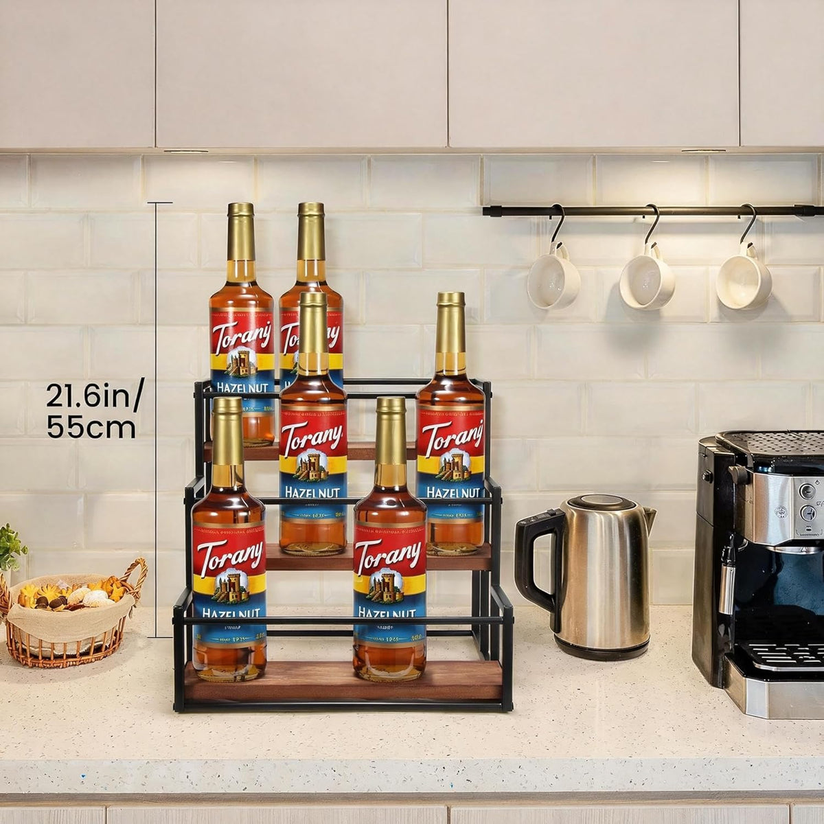 THYGIFTREE Coffee Syrup Rack Organizer 2-Tier 10 Syrup Bottles Holder Stand Metal with Wood Base for Coffee Bar Storage Shelves for Kitchen Countertop Matte Black