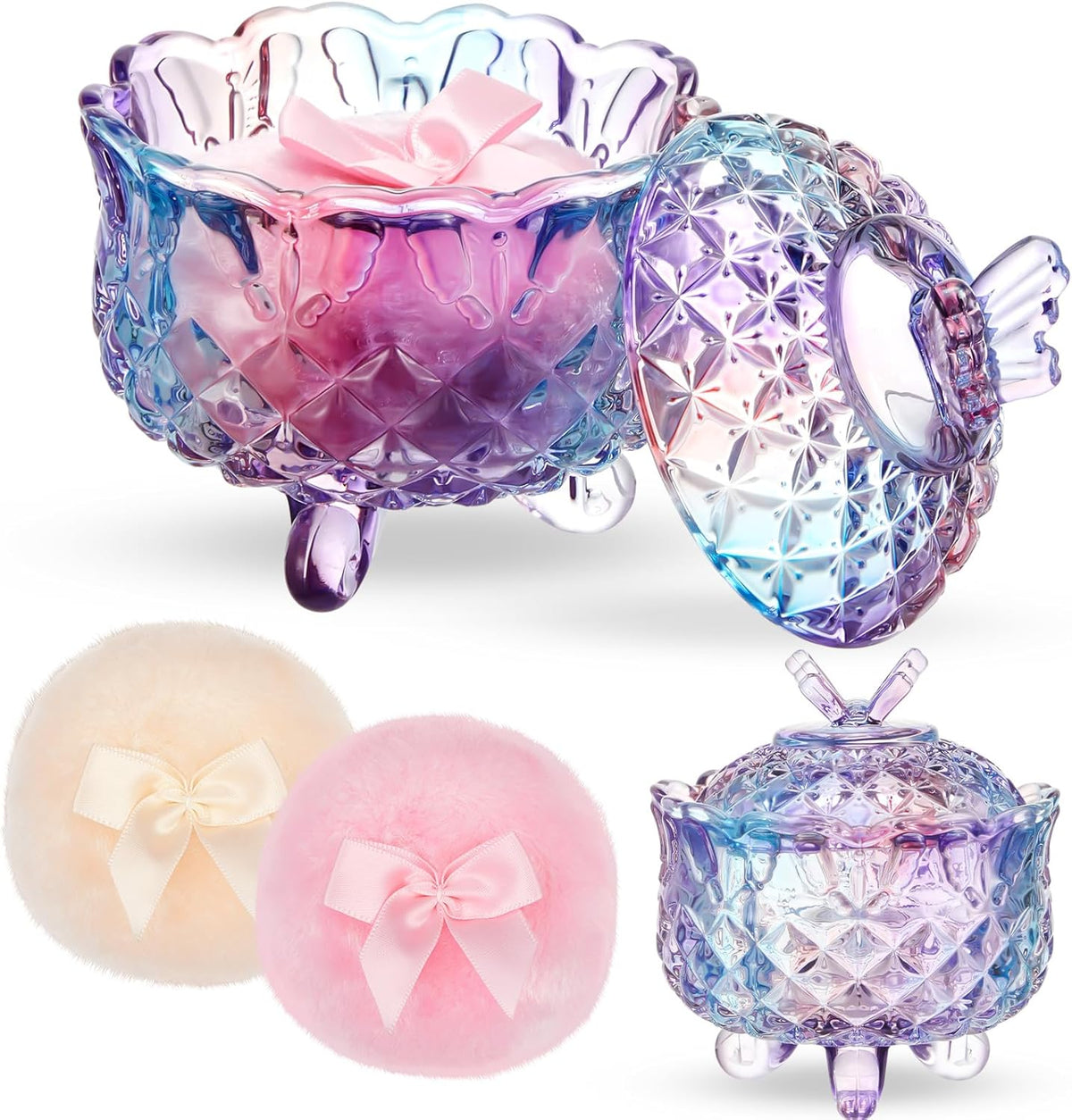 Tioncy 3 Pcs Large Body Powder Puff and Container Valentine's Day gift Powder Container with Puff Crystal Case Soft Washable Reusable Velour Face Body Glitter Wet Dry Makeup (Classic,Clear)