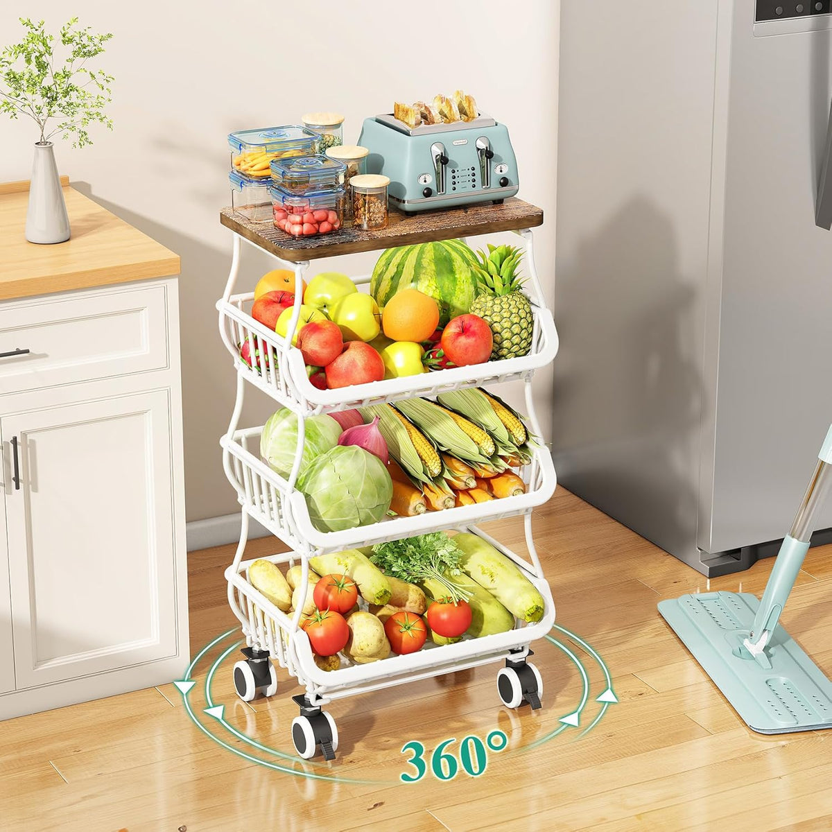 SAYZH Fruit Basket Kitchen Pantry Organizers and Storage - Wooden Top Table, Stackable Metal Wire Basket Stand Cart for Fruit Vegetable Snacks Onion Potato Organization (Black, 5 Tiers)