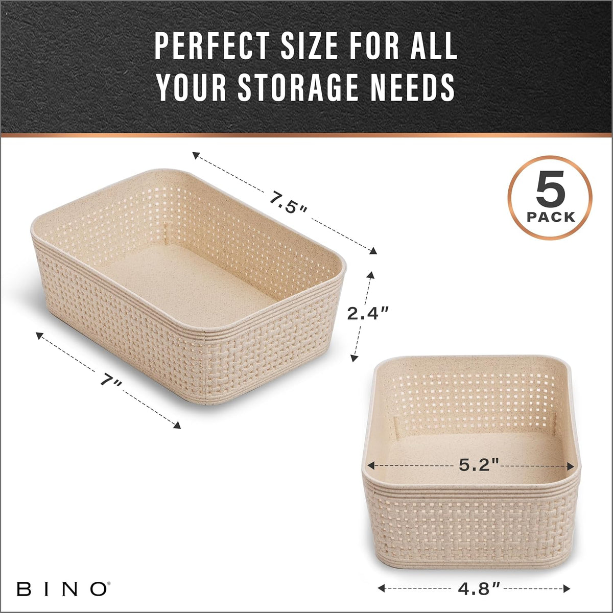 BINO | Woven Plastic Basket | Small (Natural), 5-Pack | THE JUTE COLLECTION | Home Organization, Space - Saving Storage, Stylish Design | Jute Basket | Plastic Storage Basket