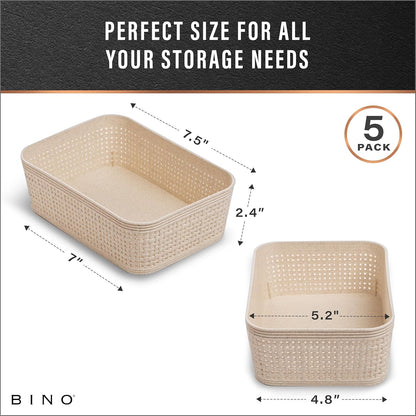 BINO | Woven Plastic Basket | Small (Natural), 5-Pack | THE JUTE COLLECTION | Home Organization, Space - Saving Storage, Stylish Design | Jute Basket | Plastic Storage Basket