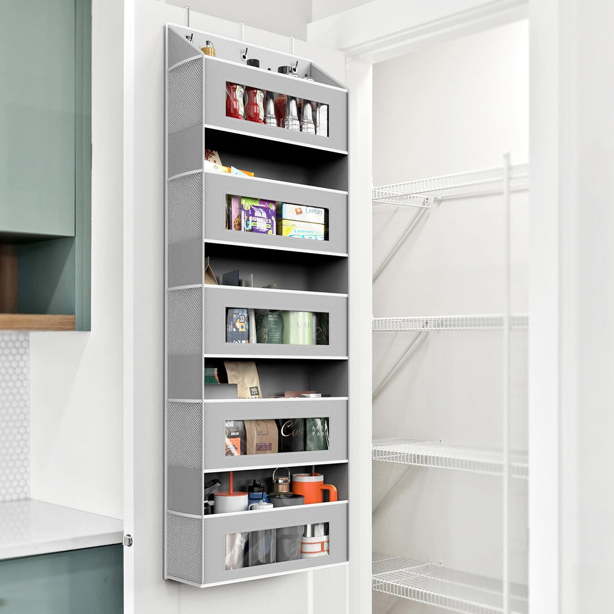 Simple Houseware Large Heavy Duty Over the Door Organizer with 5 Clear Window Pockets, 45 lbs Capacity for Pantry, Closet, Bathroom, Gray