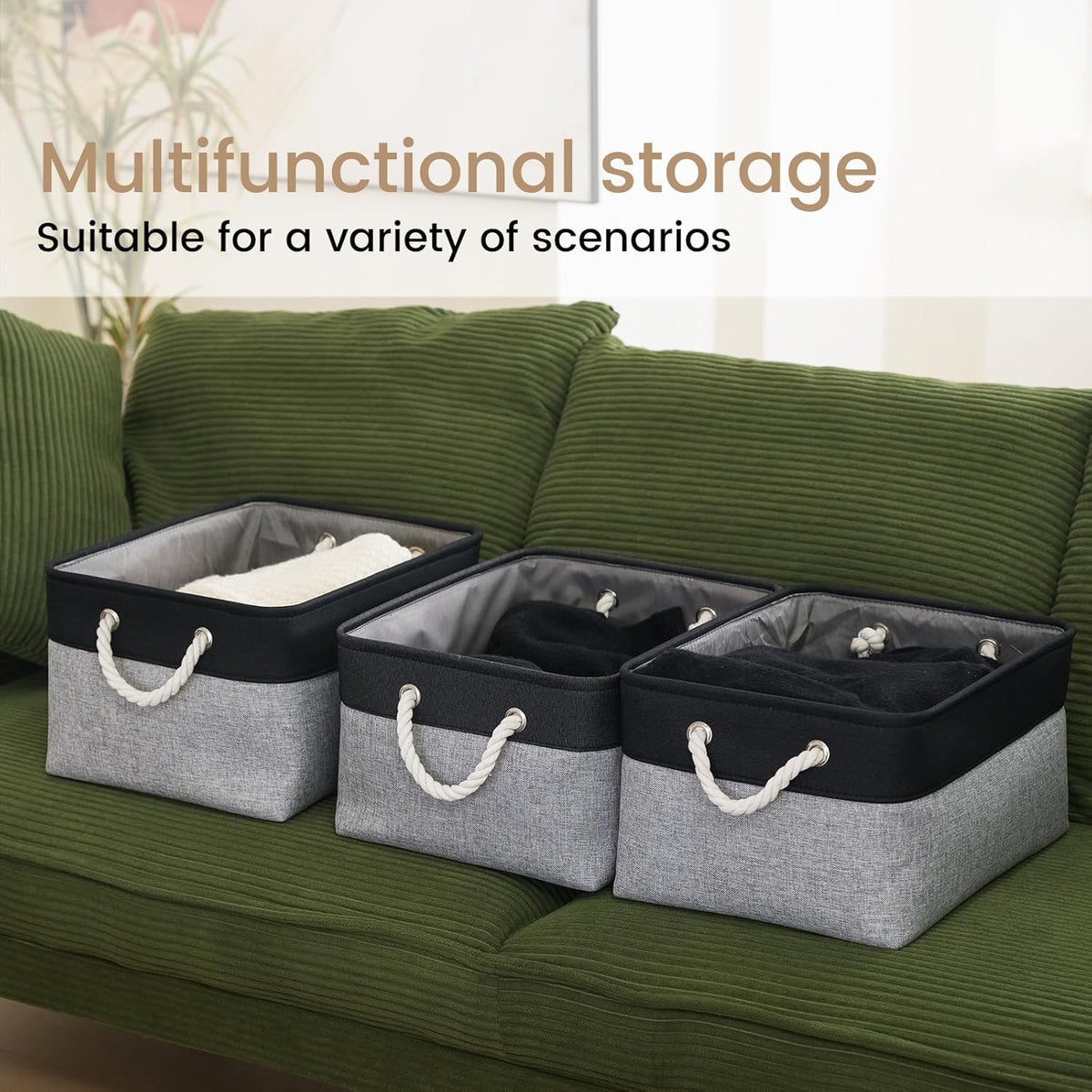 Large Storage Baskets- 15.7x11.8x8.26 inch Storage Bins for Shelves and Closet Organizing, Foldable Fabric Bin for Home Organization Clothes and Laundry (3-Pack, White&Khaki)