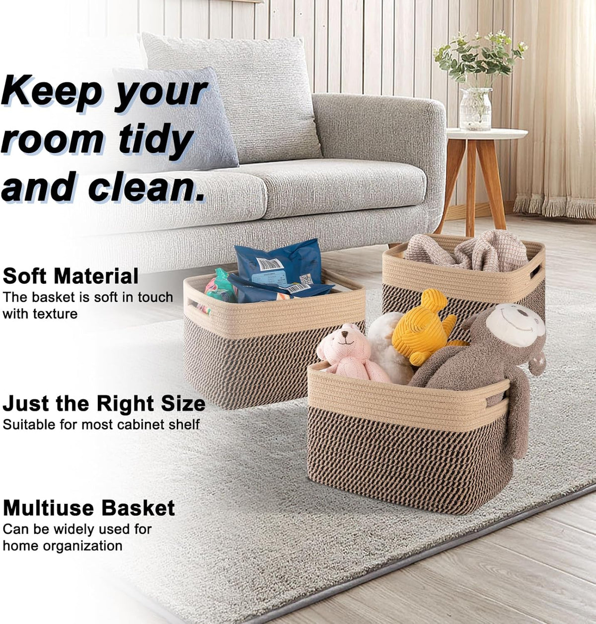 4 Pack Storage Baskets for Organizing, Woven Baskets for Shelves - Perfect for Toys, Books, Towels, and Clothes, Durable Gift Basket Bins Toy Storage, 12.7''Lx9''Wx7.8''H, Brown & White