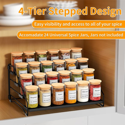 RCHYFEED Spice Rack Organizer for Cabinet Pantry,4 Tier Spice Rack Countertop, Depth Adjustable Spice Organization for Cabinet,Tierd Seasoning Organizer for Cabinet(Black) | for Cabinet Pantry