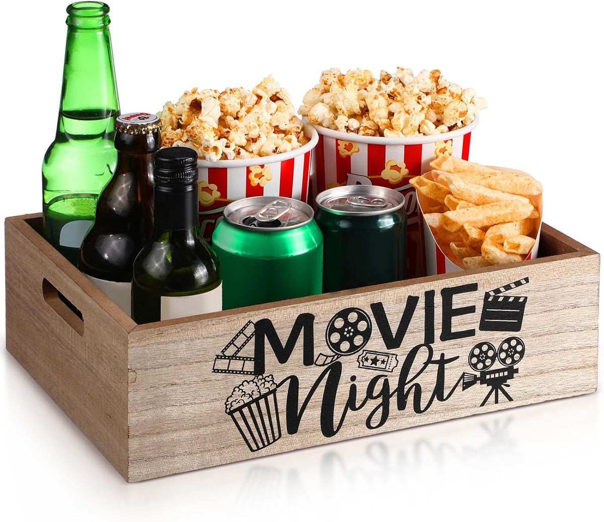 Movie Night Supplies Snack Trays with Handles Reusable Wooden Movie Gift Basket for Theater Popcorn Bucket Bowl Box Container Family Room Decor(Classic Style)