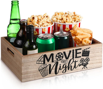Movie Night Supplies Snack Trays with Handles Reusable Wooden Movie Gift Basket for Theater Popcorn Bucket Bowl Box Container Family Room Decor(Classic Style)