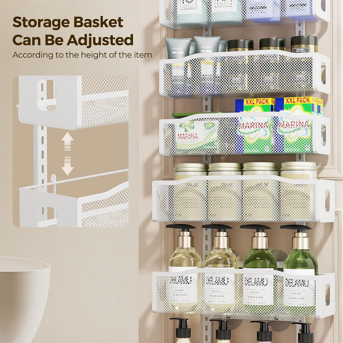Delamu 8 Tier Over the Door Pantry Organizer, 2in1 Hanging or Wall Mount Spice Rack Seasoning, Adjustable Heavy-Duty Narrow Pantry Door Organizer and Storage for Kitchen Cabinet and Bathroom,12" White