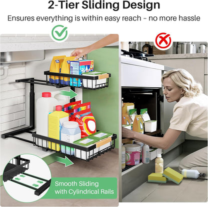 Kitstorack Under Sink Organizer, 2 Tier Under the Sink Storage, Slide out Pull out Cabinet Organizer Shelf, Metal Sliding Drawer for Kitchen Bathroom Pantry Closet Organization Rack, Black