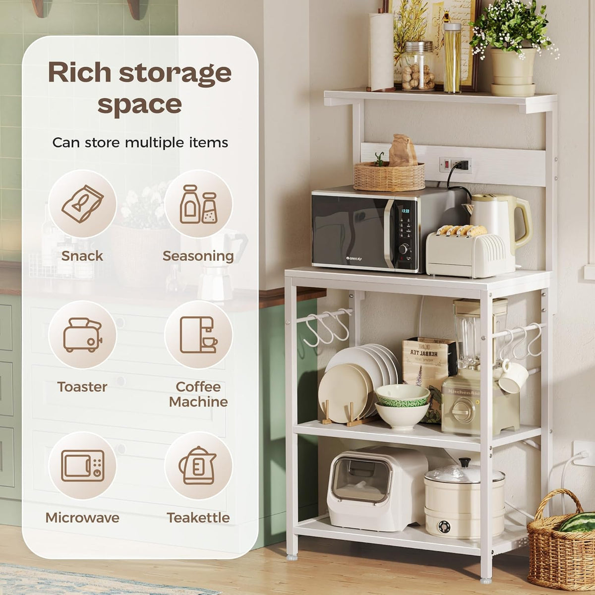 SUPERJARE Kitchen Bakers Rack with Power Outlet, Coffee Bar Table 4 Tiers, Kitchen Microwave Stand with 6 S-shaped Hooks, Storage Shelf Rack for Spices, Pots and Pans - Rustic Brown