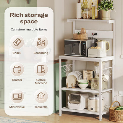SUPERJARE Kitchen Bakers Rack with Power Outlet, Coffee Bar Table 4 Tiers, Kitchen Microwave Stand with 6 S-shaped Hooks, Storage Shelf Rack for Spices, Pots and Pans - Rustic Brown