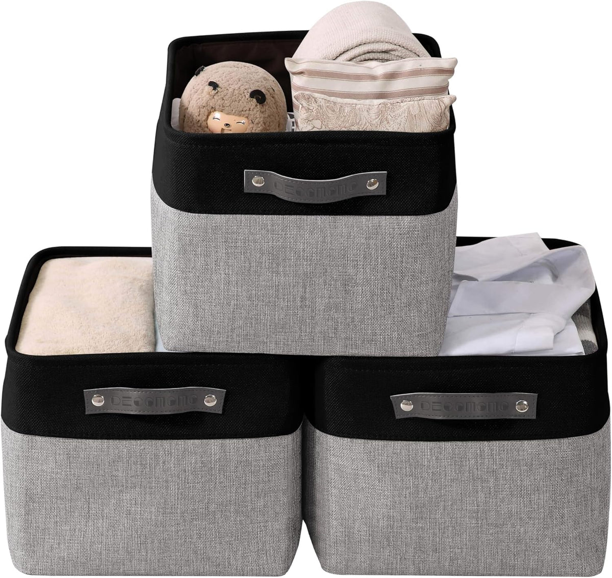 DECOMOMO Storage Bins, Large Fabric Storage Baskets for Shelves, Decorative Linen Closet Organizer, 15 x 11 x 9.5 inches (Beige & White, 3 Pack)