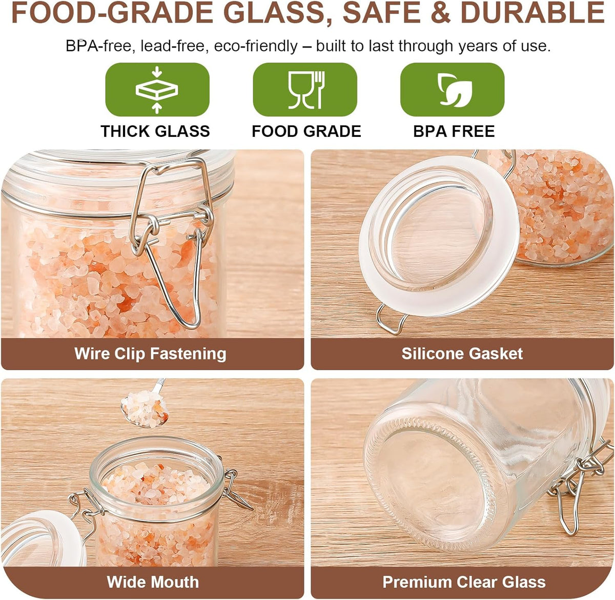 17oz Airtight Glass Jars, 6 Pack Clamp Lid Canisters, Small Food Storage Containers for Spices, Nuts, Snacks, Canning Jar for Jams & Pickling, Pantry Organization