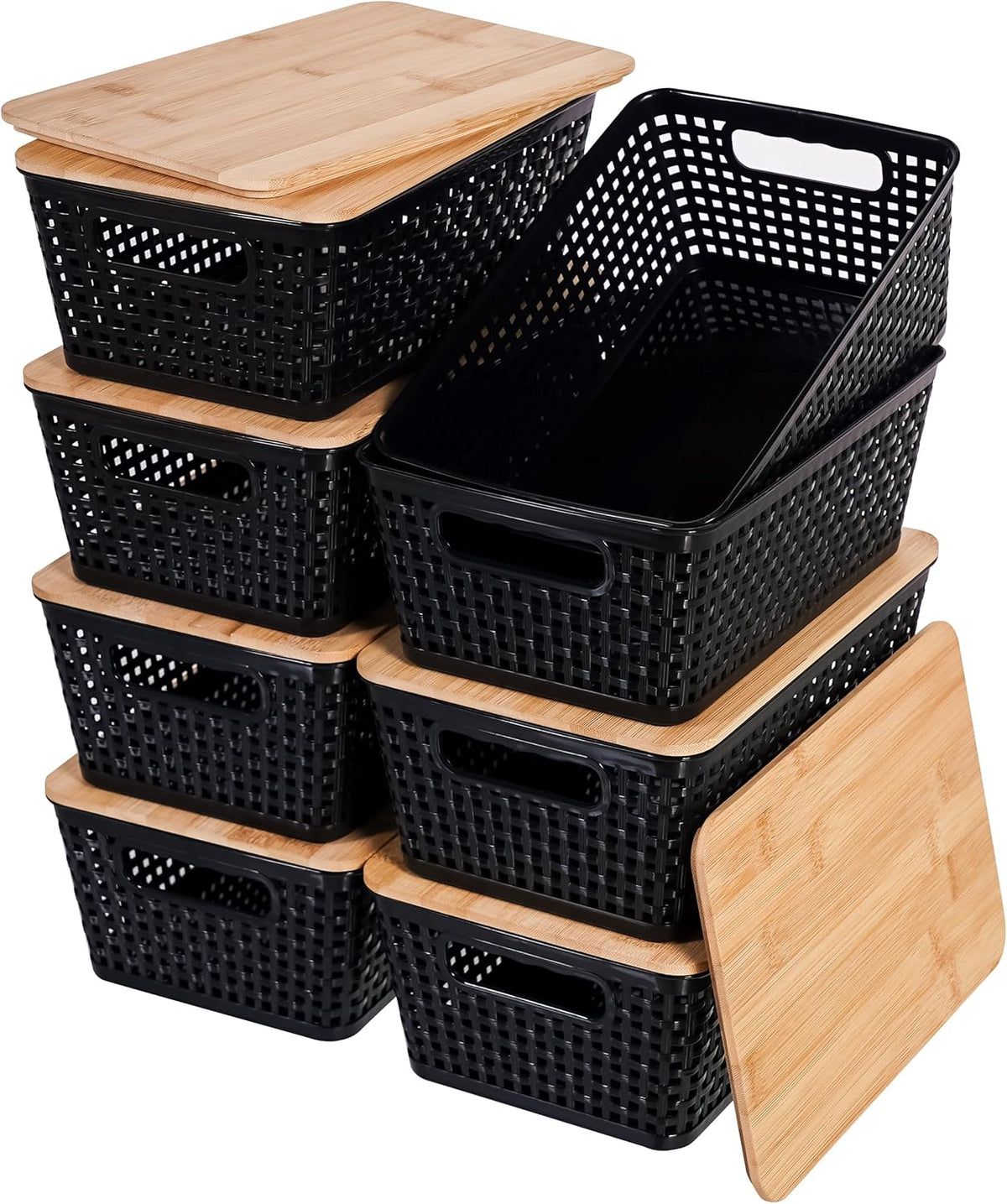 Small Storage Bins with Lids 6 Packs, Plastic Storage Basket with Bamboo Lid for Pantry Organization and Storage Containers for Shelves Drawers Desktop Closet Playroom Office Home, White