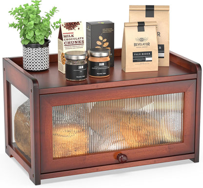 BAMBANG Bamboo Bread Box for Kitchen Countertop, Extra Large Farmhouse Bread Box with 4-Side Clear Panels, Wooden Bread Storage Container for Homemade Bread, Natural