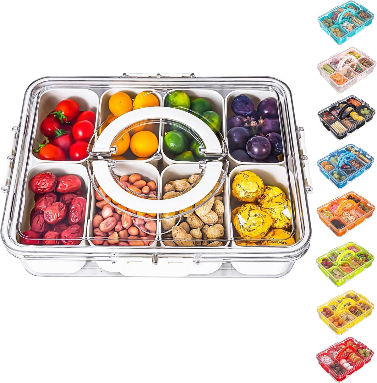 Dingerjar Divided Serving Tray with Lid and Handle - Snackle Box Charcuterie Container for Portable Snack Platters - Clear Organizer for Candy, Fruits, Nuts, Snacks - Perfect for Party, Entertaining
