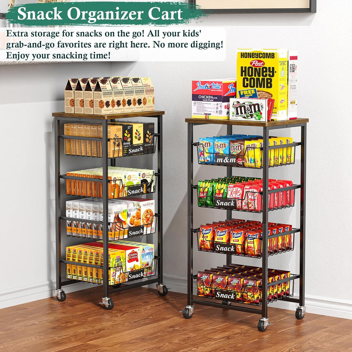 OKZEST 4-Tier Kitchen Storage Cart on Wheels – Mobile Fruit Basket Stand with Drawers & Wooden Top, Small Rolling Pantry Shelf for Potatoes, Onions, Bottled Drinks, Cans, Snacks – Includes 3 PE Liners