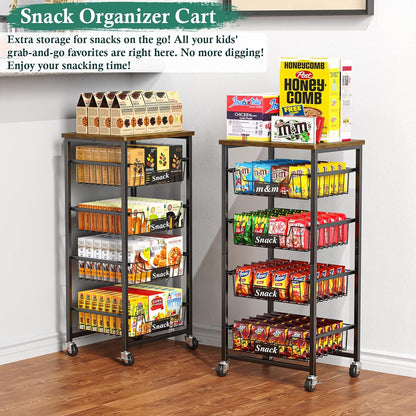 OKZEST 4-Tier Kitchen Storage Cart on Wheels – Mobile Fruit Basket Stand with Drawers & Wooden Top, Small Rolling Pantry Shelf for Potatoes, Onions, Bottled Drinks, Cans, Snacks – Includes 3 PE Liners
