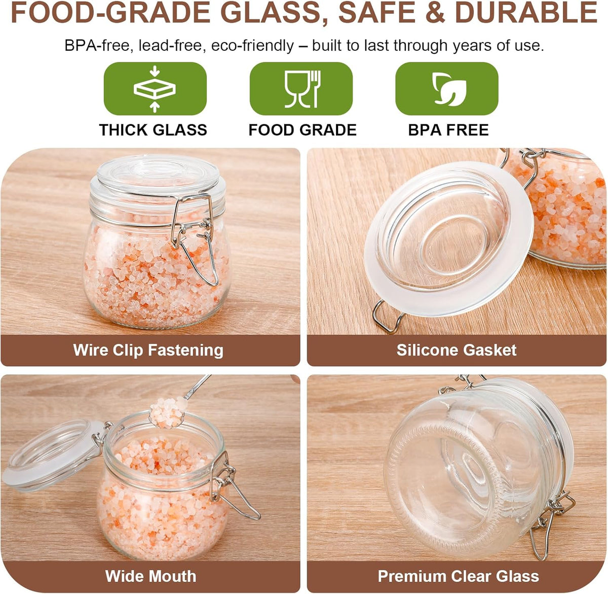 17oz Airtight Glass Jars, 6 Pack Clamp Lid Canisters, Small Food Storage Containers for Spices, Nuts, Snacks, Canning Jar for Jams & Pickling, Pantry Organization
