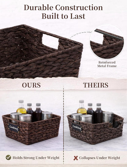 Pantry Organizers and Storage, Water Hyacinth Storage Baskets for Shelves, Natural Baskets for Organizing, Pantry Baskets with Chalkboard Labels and Marker