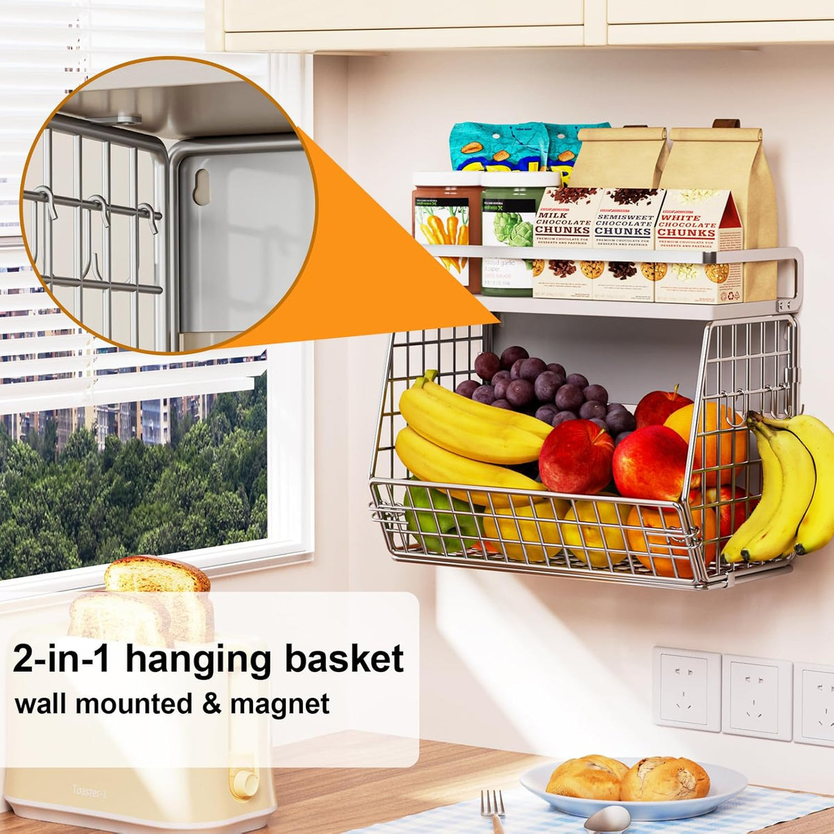Magnetic Shelf for Fridge,Hanging Wall Basket for Potato Onion Fruit and Vegetable Storage Bins,Large Produce Container Magnetic Spice Rack for Refrigerator Kitchen Counter Pantry,Black