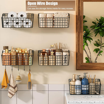 Sonyabecca 6 Pack Hanging Wall Basket for Organizing, Large Wire Basket for Storage Pantry with 5 S Hook+6 Adhesive Hook, Wall Mounted Shelf for Kitchen Bathroom
