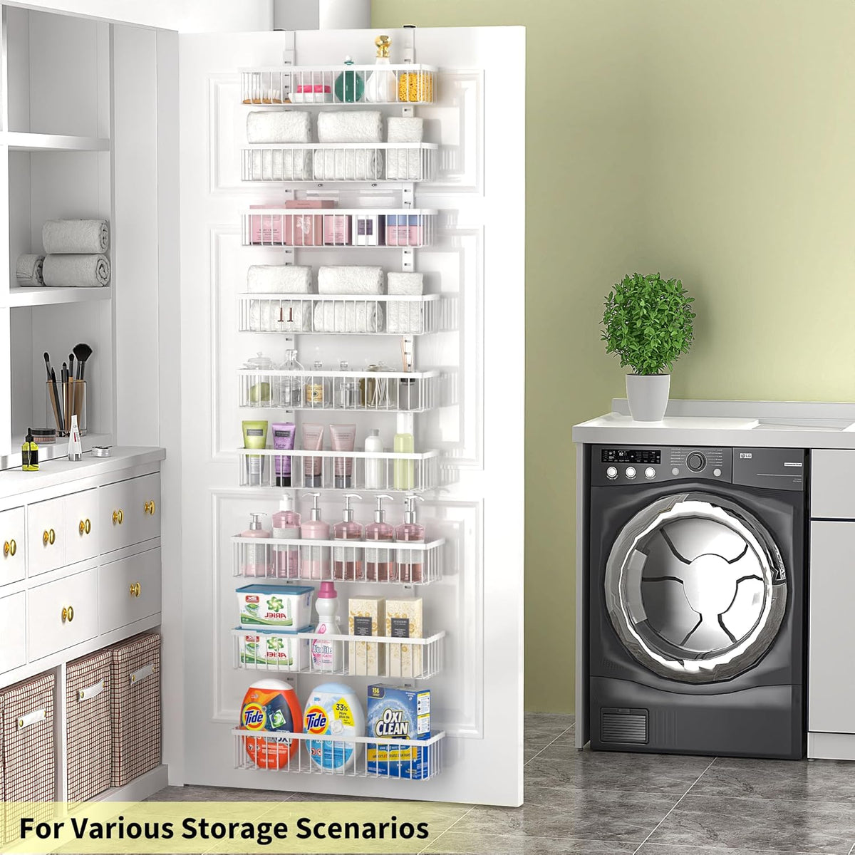 Moforoco White Over The Door Pantry Organizer, Pantry Organization and Storage, Metal Hanging Spice Rack Shelves Door, Seasoning Shelves, Laundry Room Organization, House and Kitchen Essentials
