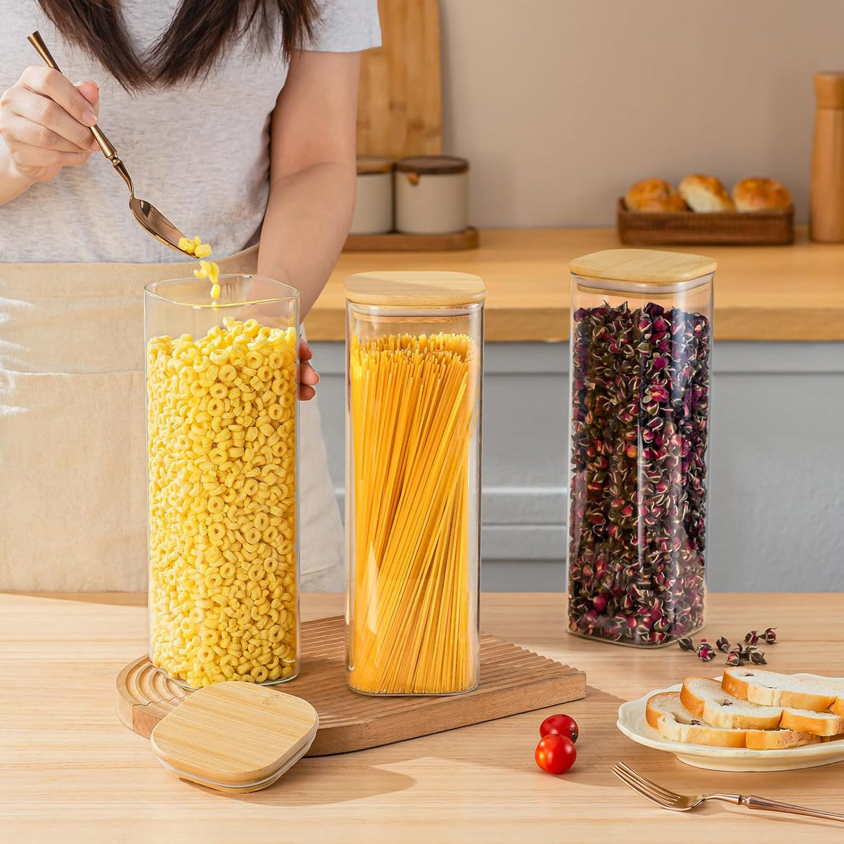 SENTVEND 37 Oz Glass Storage Jars with Bamboo Lids - 6 Pack Clear Glass Canisters Square Airtight Stackable Ideal for Pantry Storage Containers Organizers Great for Storing Oats Coffee Beans Nuts etc