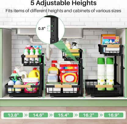 Kitstorack Under Sink Organizer, 2 Tier Under the Sink Storage, Slide out Pull out Cabinet Organizer Shelf, Metal Sliding Drawer for Kitchen Bathroom Pantry Closet Organization Rack, Black
