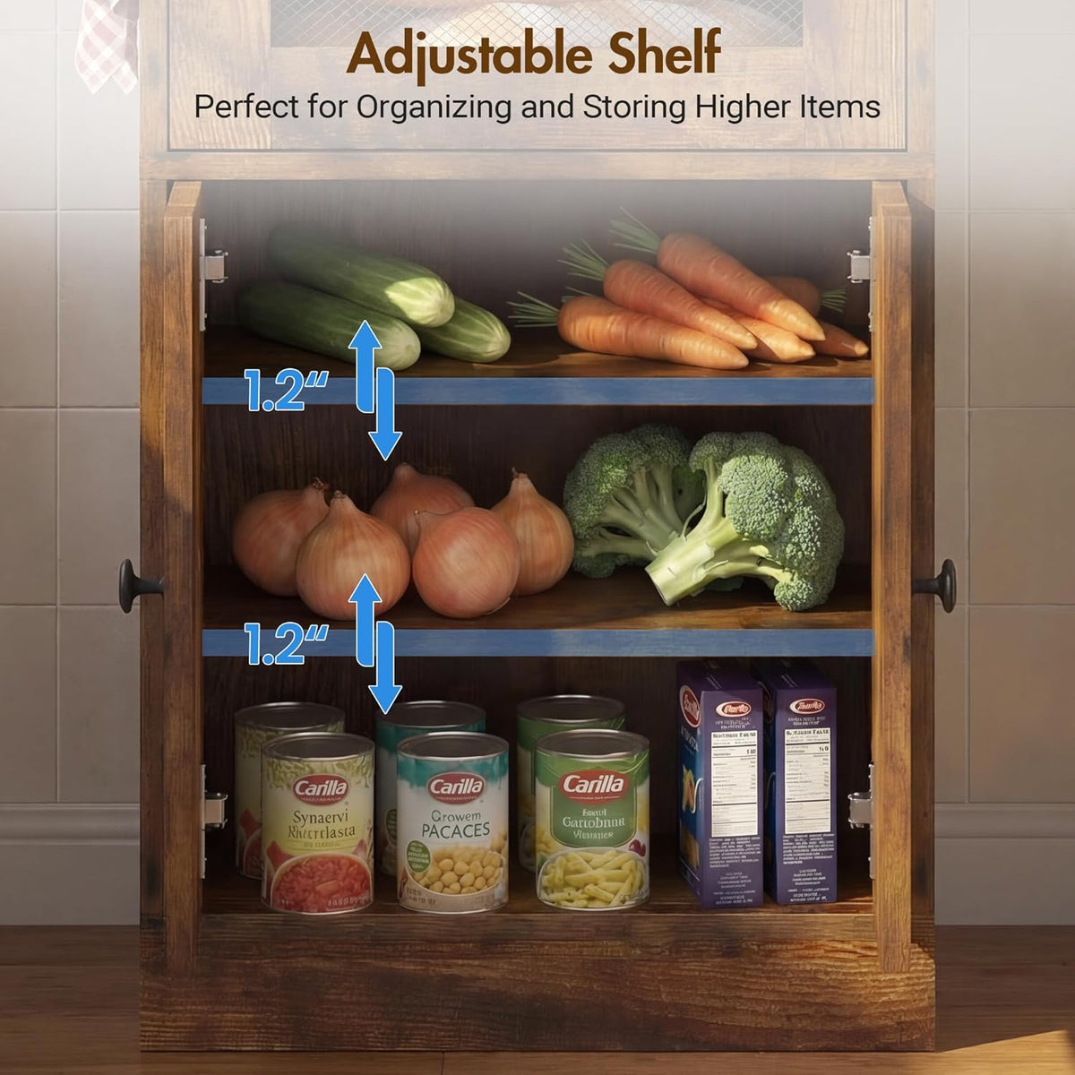 Potato and Onion Storage Bin with Lid, Large Potato Bin with Drawer, Multi-Compartment Wooden Fruit & Vegetable Cabinet with Mesh Doors, Rustic Kitchen Organizer for Pantry (16.9")