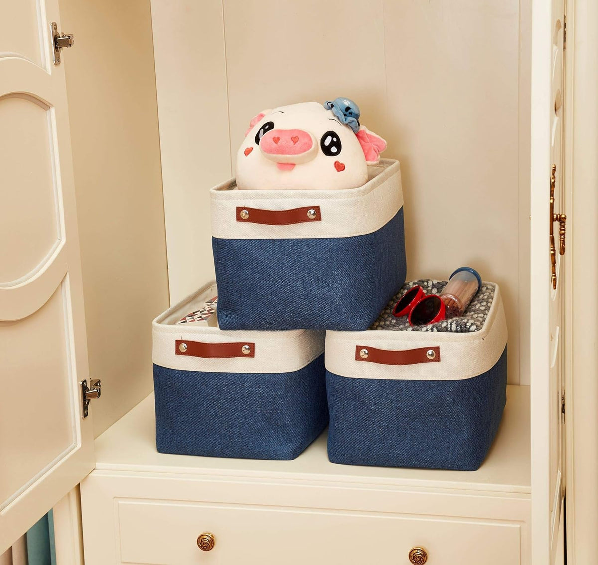 DECOMOMO Storage Bins, Large Fabric Storage Baskets for Shelves, Decorative Linen Closet Organizer, 15 x 11 x 9.5 inches (Beige & White, 3 Pack)