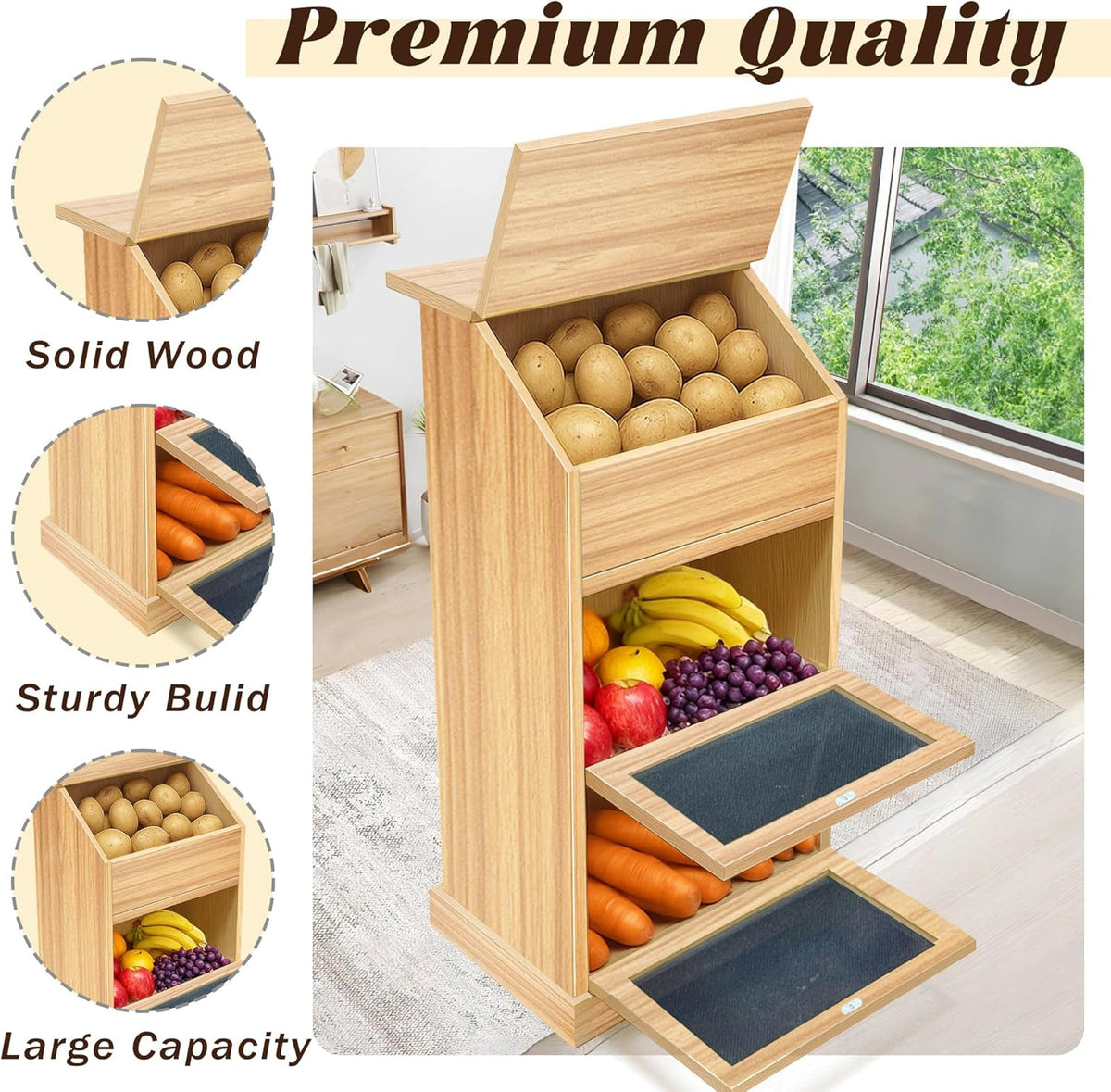 Potato Storage Bin, 3-Tier Potato and Onion Storage Bin with Lid, Wooden Bread Box for Fruit and Vegetable,Food Storage Containers for Kitchen Pantry (Oak)