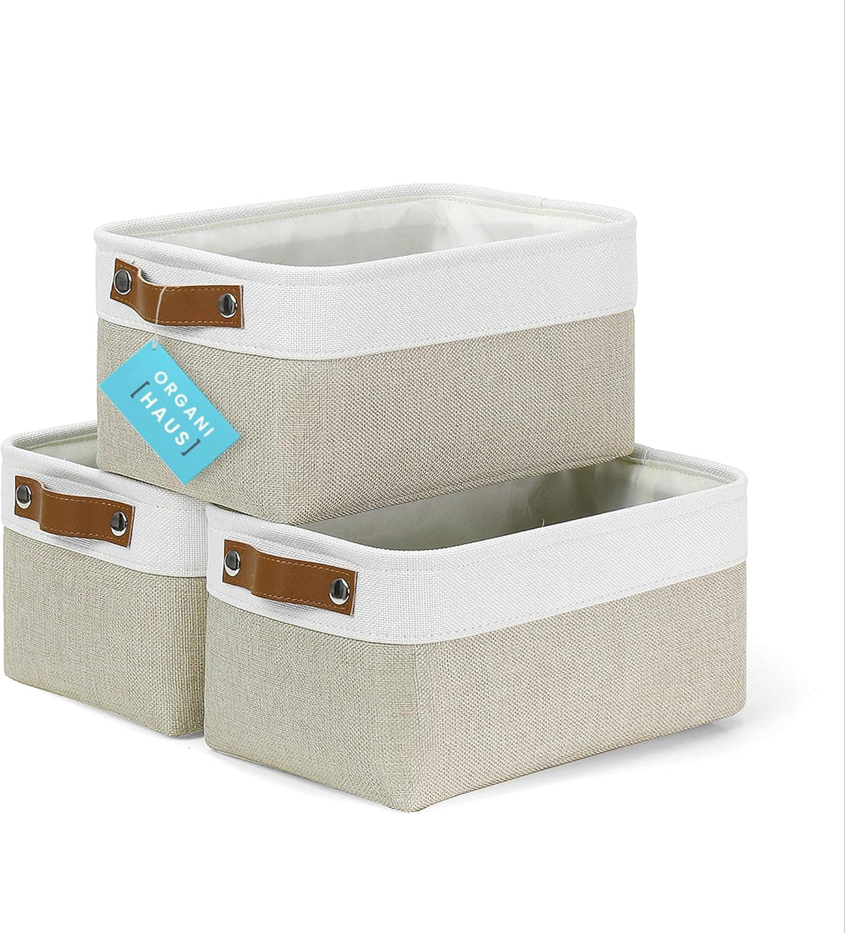 OrganiHaus 12x8in Canvas Storage Baskets 3 Pack | SMALL Fabric Bins for Shelves | Pantry & Bathroom Organizer | Beige/Off-White