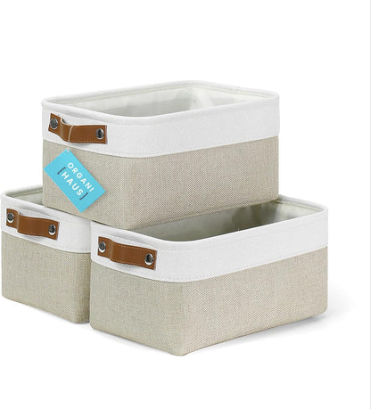 OrganiHaus 12x8in Canvas Storage Baskets 3 Pack | SMALL Fabric Bins for Shelves | Pantry & Bathroom Organizer | Beige/Off-White