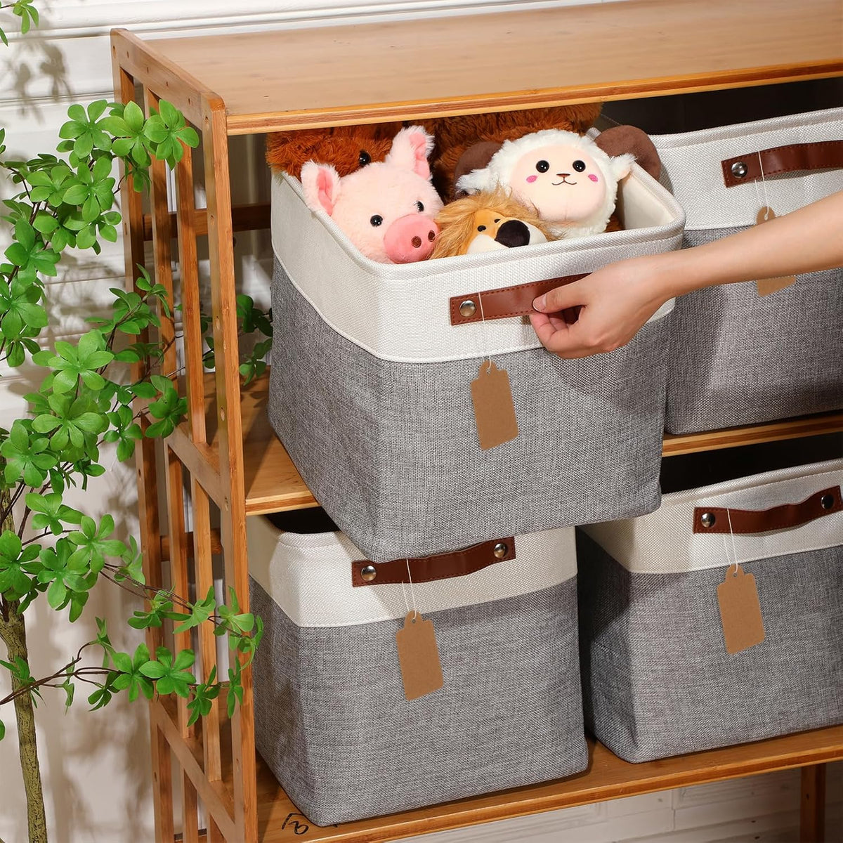 Uiifan 10 Pcs Collapsible Storage Bins Fabric Foldable Storage Basket with Handles Cloth Organizer Linen Shelf Baskets for Shelves Home Closet Nursery Toys(16 x 12 x 10 Inch,Gray and White)