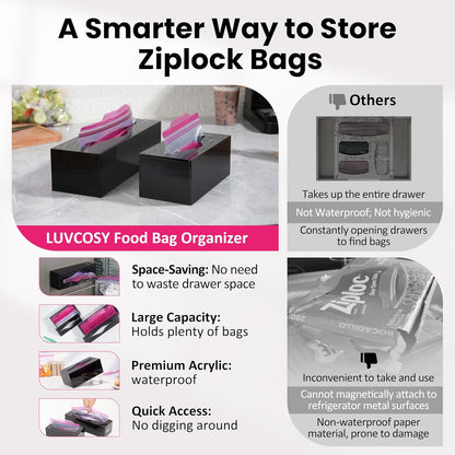 LUVCOSY Acrylic Food Bag Storage Organizer Magnetic Fridge Attachment Compatible with Ziploc Sandwich/Snack/Grip'n Seal Quart, Dispenser for Ziploc Bags, Kitchen Organization and Storage, 1 Pack