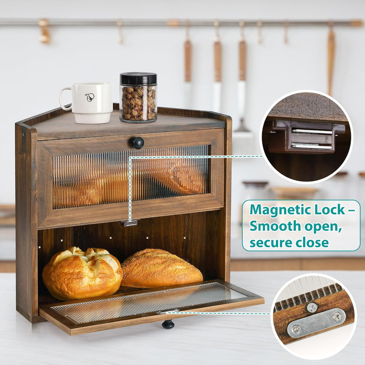 Sunhoo Bread Box for Kitchen Countertop Corner Large Wooden Bread Bin 2 Tier Rustic Food Storage Container with Acrylic Window Farmhouse Keeper Shelf Organizer for Loaves Pastries & Snacks (Brown)