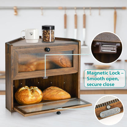Sunhoo Bread Box for Kitchen Countertop Corner Large Wooden Bread Bin 2 Tier Rustic Food Storage Container with Acrylic Window Farmhouse Keeper Shelf Organizer for Loaves Pastries & Snacks (Brown)