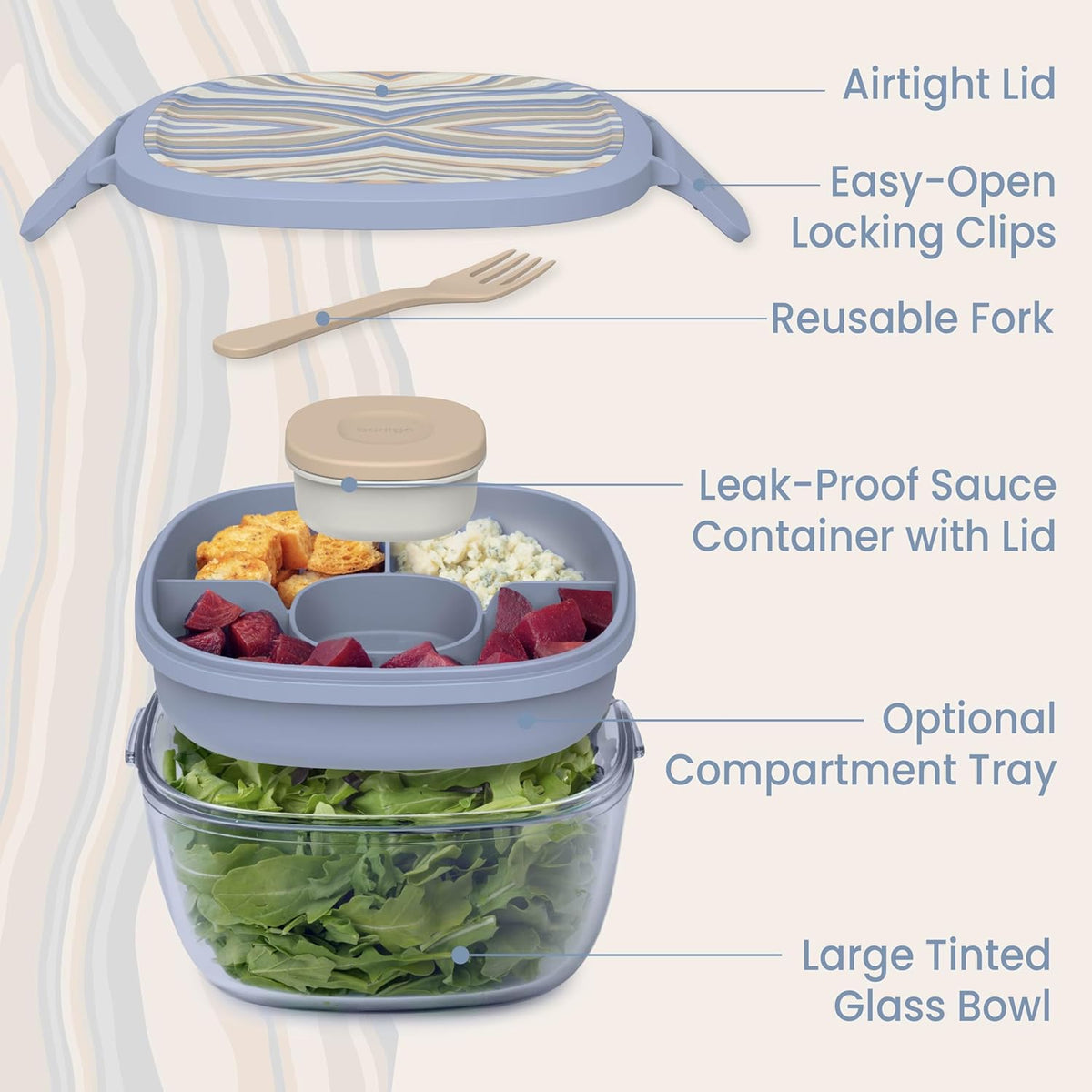 Bentgo Glass Prints Salad Container - 7.6-Cup Tinted Glass Salad Bowl with Airtight Lid, Leak-Proof Sauce Container, 4-Compartment Bento Meal Prep Tray & Reusable Fork (Floral Maximalist - Sea)