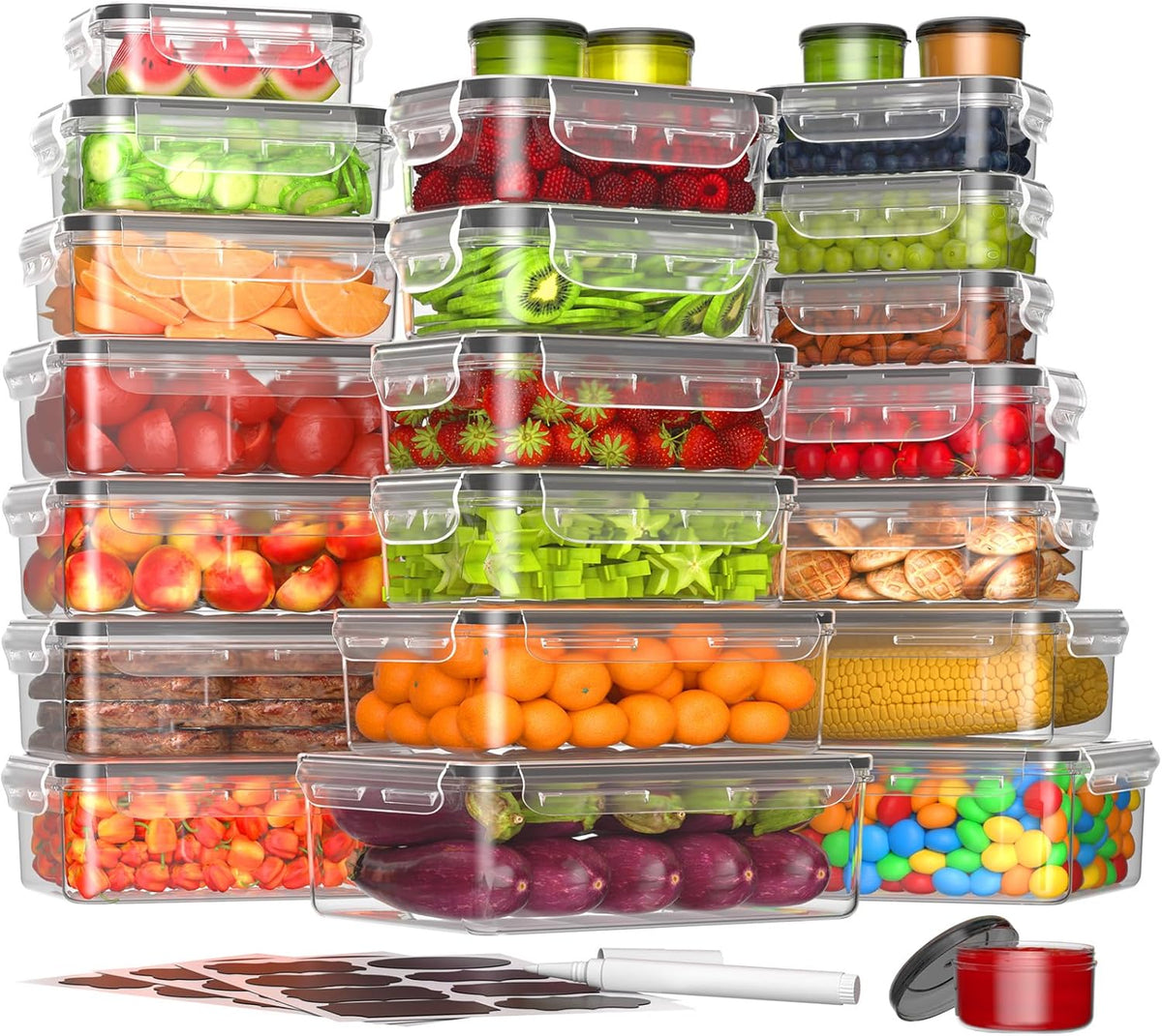 KEMETHY Food Storage Containers with Lids(18 Container & 18 Lid), Plastic Food Containers for Pantry & Kitchen Storage and Organization, BPA-Free, Leak Proof, Reusable with Labels & Pen