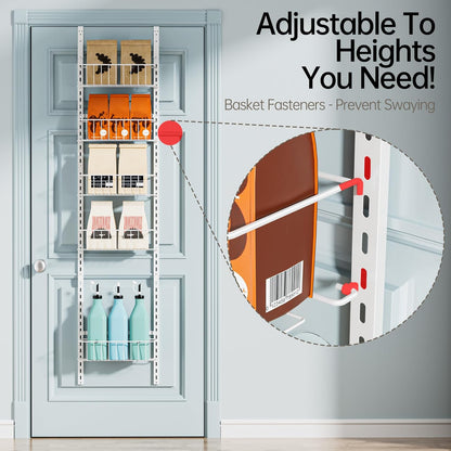 Delamu Adjustable Cabinet Door Organizer, 6-Tier Hanging Spice Rack Organizer, Metal Over the Door Pantry Organizer, Pantry Organizers and Storage Shelves for Kitchen Bathroom Laundry Room, White M