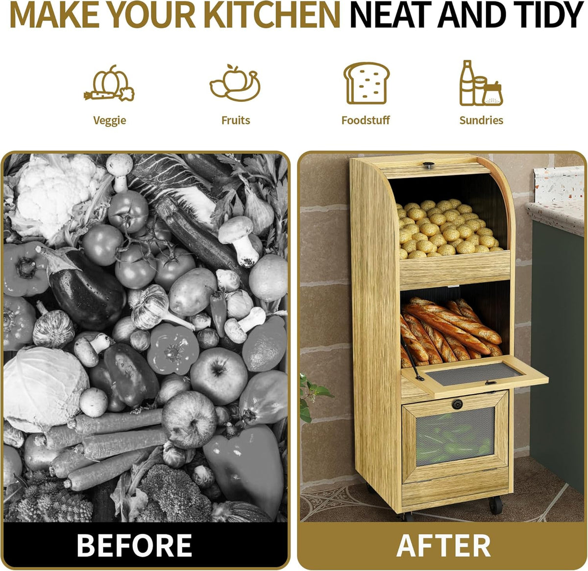 Movable Potato and Onion Storage Box with Wheels,Wooden Vegetable Storage Box,Food Storage Room with Grocery Area,Sliding Design,Modern Farmhouse Style，Suitable for Kitchen (potato bin-Walnut-02)