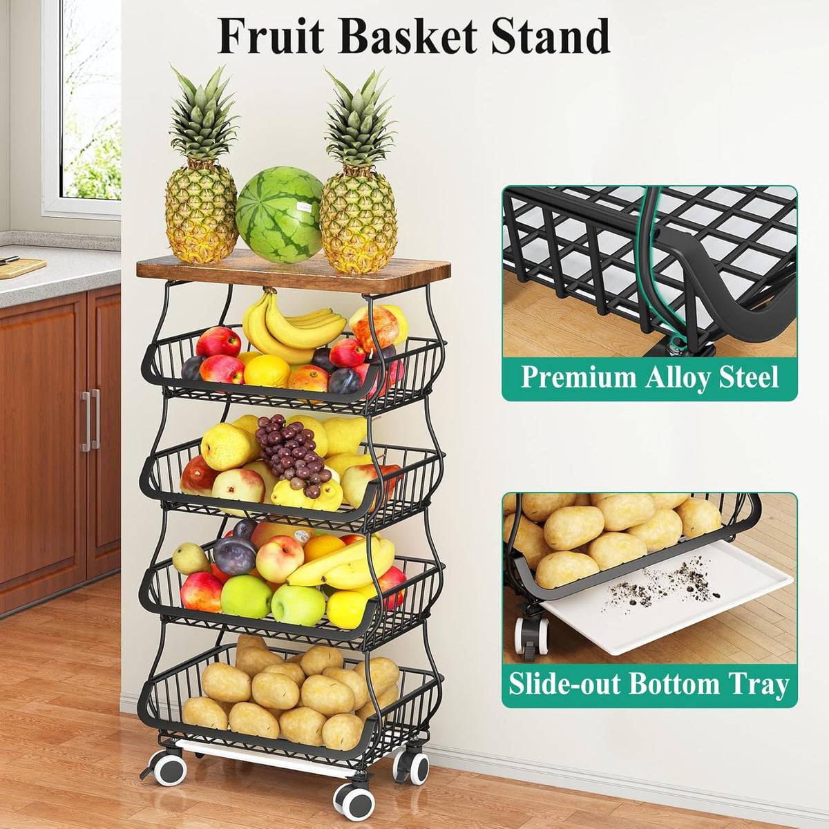 SAYZH Fruit Basket Kitchen Pantry Organizers and Storage - Wooden Top Table, Stackable Metal Wire Basket Stand Cart for Fruit Vegetable Snacks Onion Potato Organization (Black, 5 Tiers)
