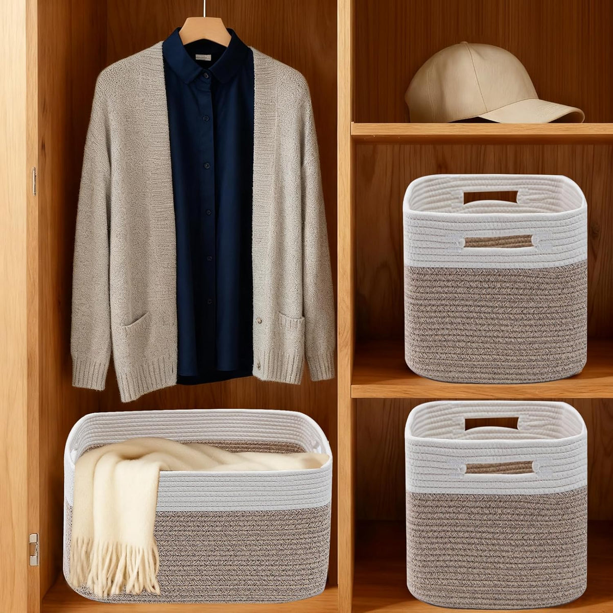 3 Pack Woven Rope Storage Baskets for Shelves,13.5"×11"×9.5" Storage Bins with Handles,Empty Gift Baskets,Nursery Organizer for Toys,Towels,Books,Closet,Living Room,Bedroom (White & Brown)