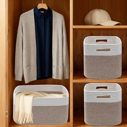 3 Pack Woven Rope Storage Baskets for Shelves,13.5"×11"×9.5" Storage Bins with Handles,Empty Gift Baskets,Nursery Organizer for Toys,Towels,Books,Closet,Living Room,Bedroom (White & Brown)