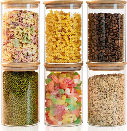 YUNCANG Glass Storage Jars 6 Pack 37oz Clear Glass Food Storage Containers with Airtight Bamboo Lid Stackable Kitchen Canisters for Candy,Cookie,Rice,Sugar,Flour,Pasta,Nuts and Spice Jars(Square)