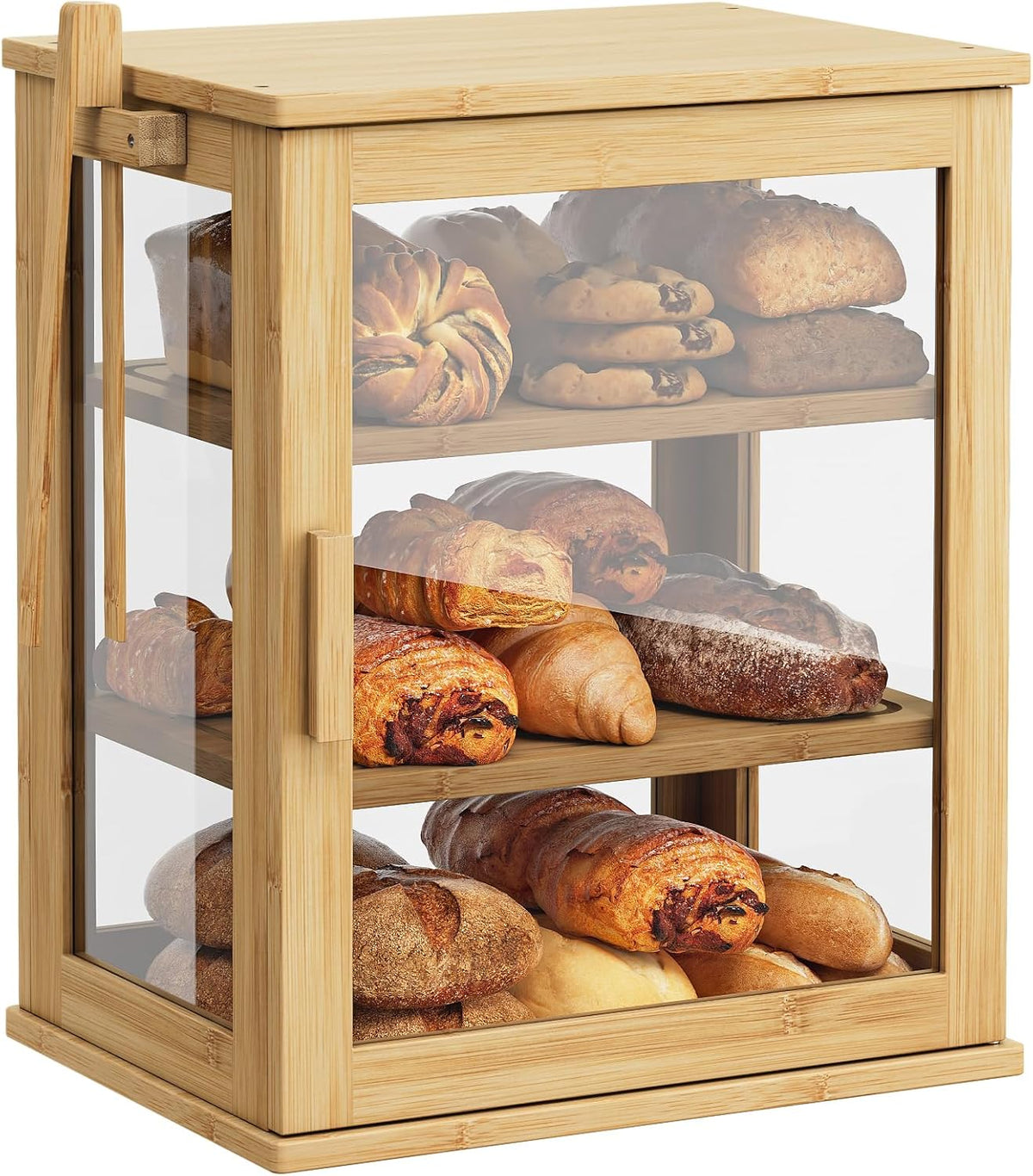 WOWLIVE Black Bread Box for Kitchen Countertop, Large 3 Layers Bread Storage Container for Homemade Bread with Window, Farmhouse Breadbox Organizer for Kitchen, Cabinet, Pantry (Black, Meduim)