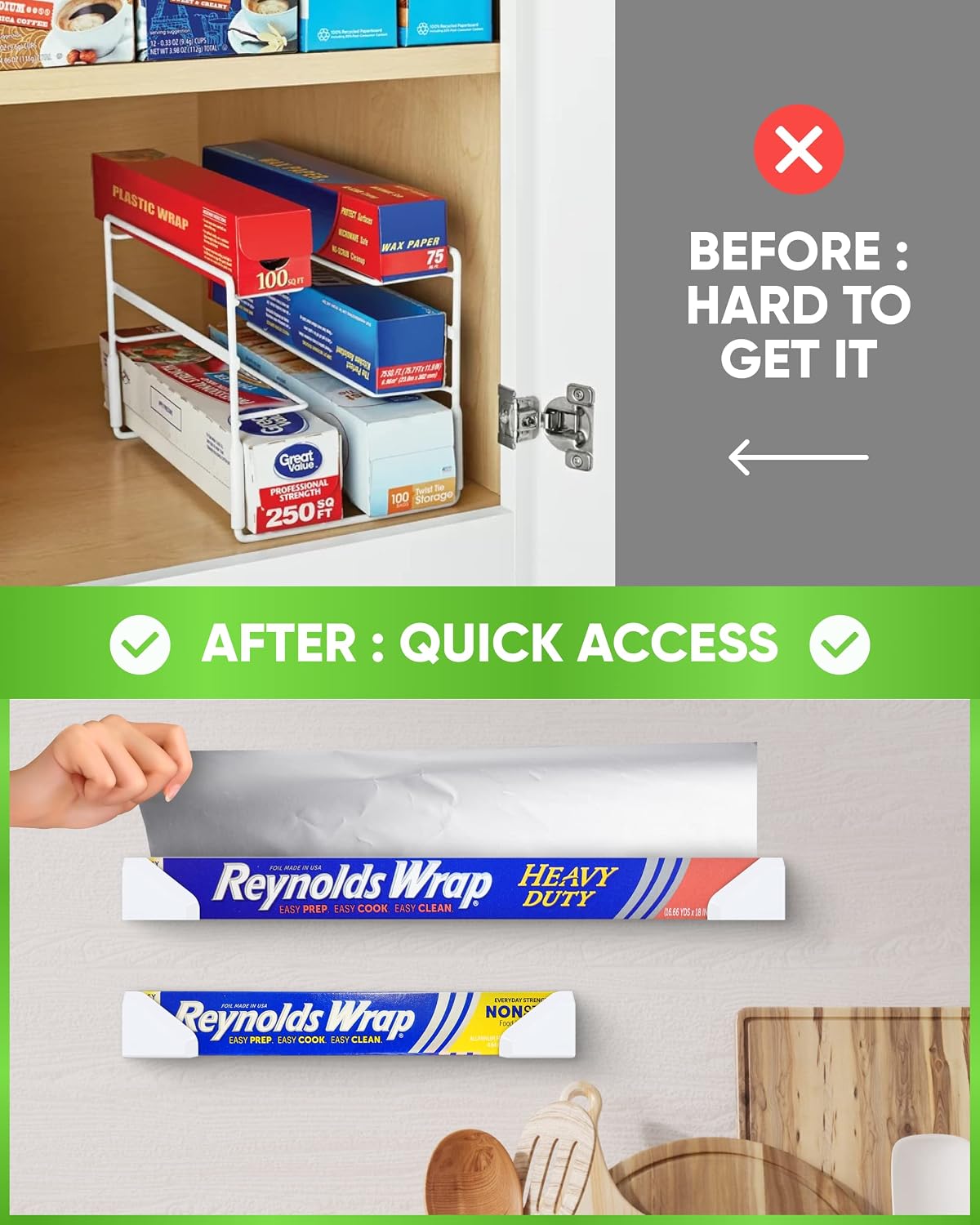 Skywin Adhesive Foil and Plastic Wrap Organizer Includes 2 Holders, Fits Box Width up to 2.4in/61mm, Heavy Duty Aluminum Foil Organization and Storage (White)