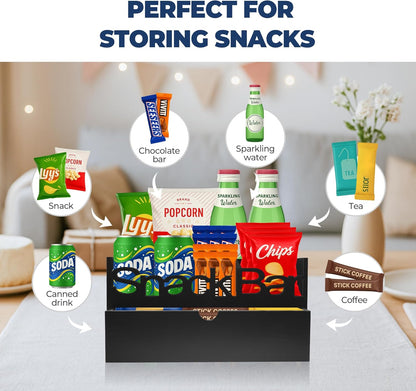 Snack Bar Organizer – Black 5 Compartment Station, Countertop Pantry Organizer for Kitchen, Office Food Holder, Candy Storage Bin, Display Stand, Cabinet Tray & Shelf