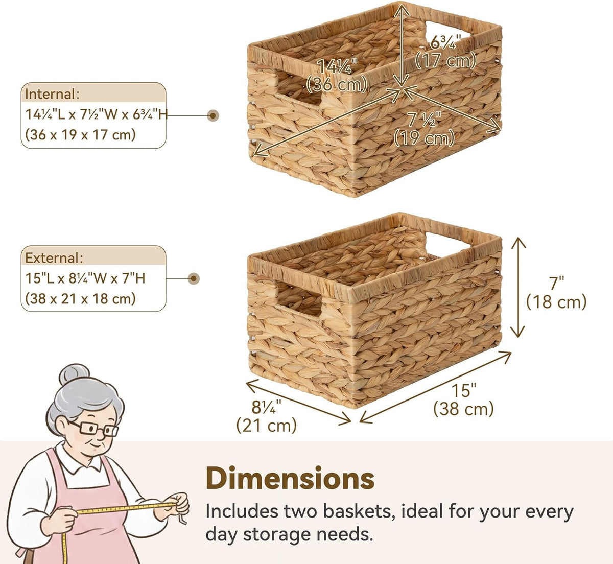 GRANNY SAYS Wicker Storage Baskets for Shelves, Wicker Baskets for Organizing, Waterproof Woven Basket for Pantry, Rectangle Basket for Shlef, Brown, 2-Pack